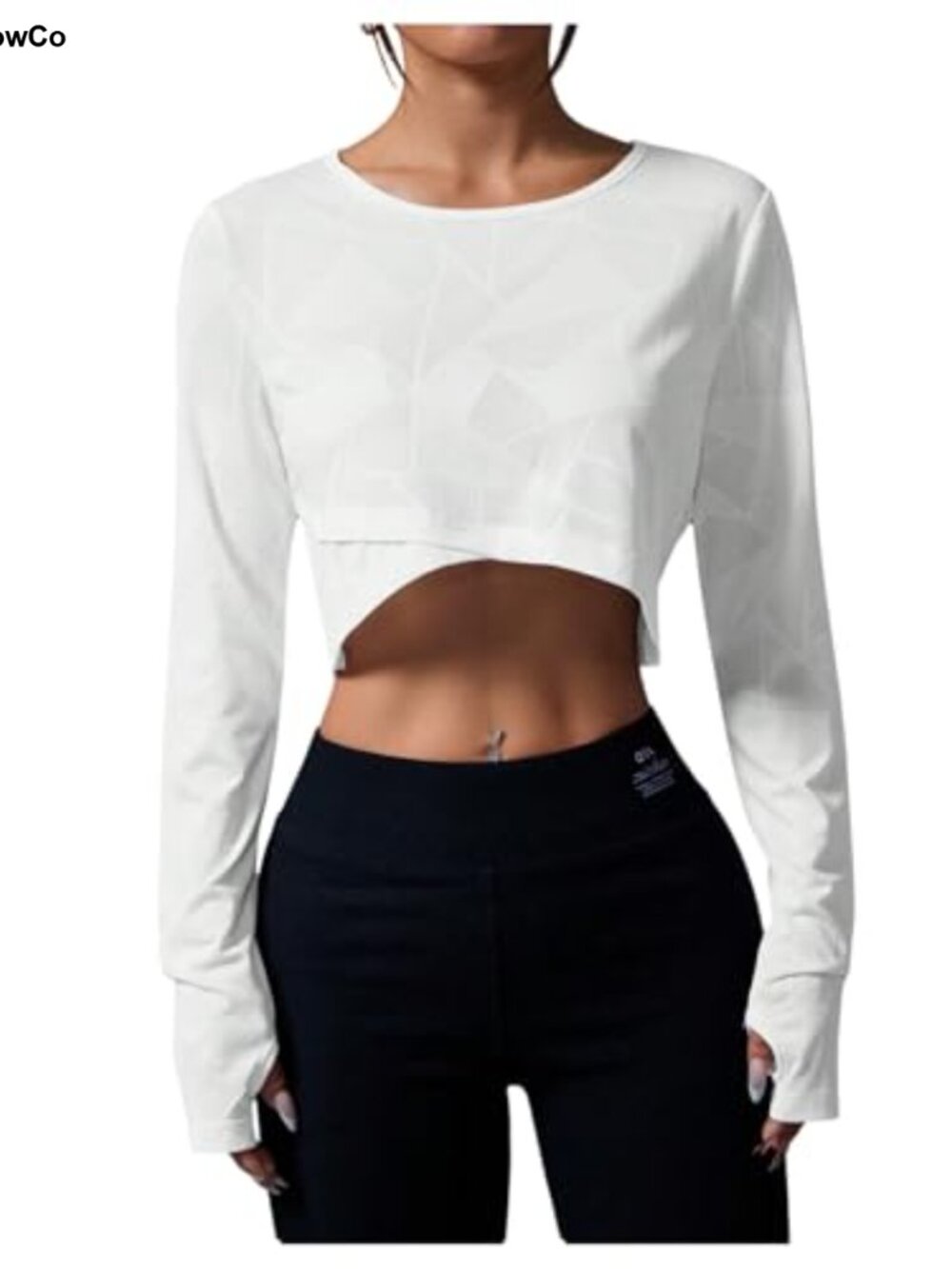 Wrap Front Workout Crop Top Long Sleeve Yoga Athletic Shirt Thumb Hole